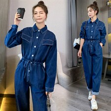 2022春季新款潮流时尚亮线抽绳牛仔连体裤，女装连体裤，帛香坊