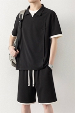 纯色二开TZ25318-特P60短袖T恤短裤青少年休闲运动套装POLO衫，男装Polo衫，电商D310B-1
