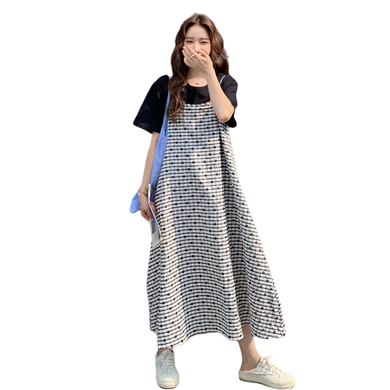 休闲吊带格子连衣裙T恤两件套女2025夏季新款宽松显瘦裙子套装,女装连衣裙,2C275
