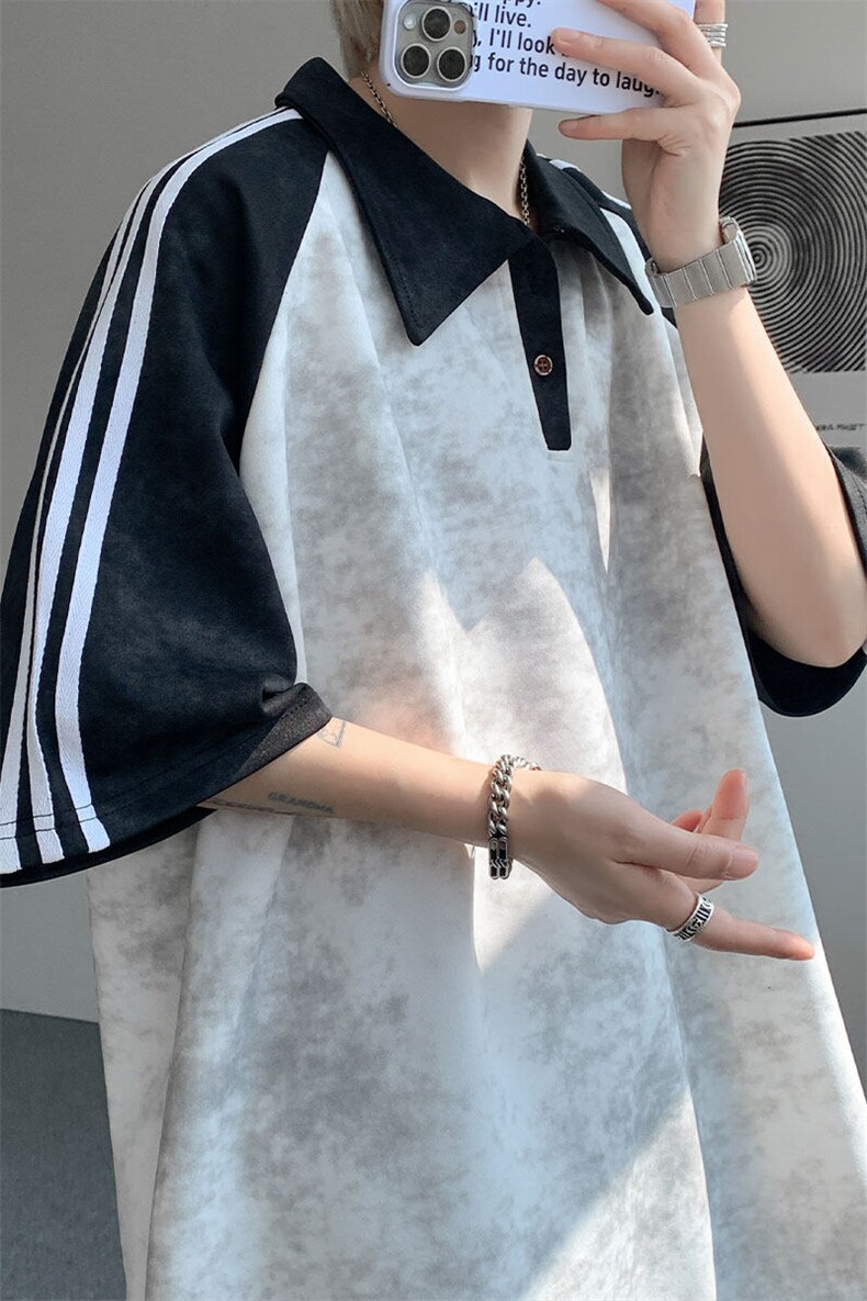 现货DX10117-特批40控78翻领撞色拼接美式插肩袖织带设计POLO衫,男装T恤,电商A059