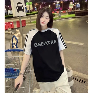 抖音得物品质二开240克宽松纯棉美式潮牌插肩三杠织带短袖T恤图片