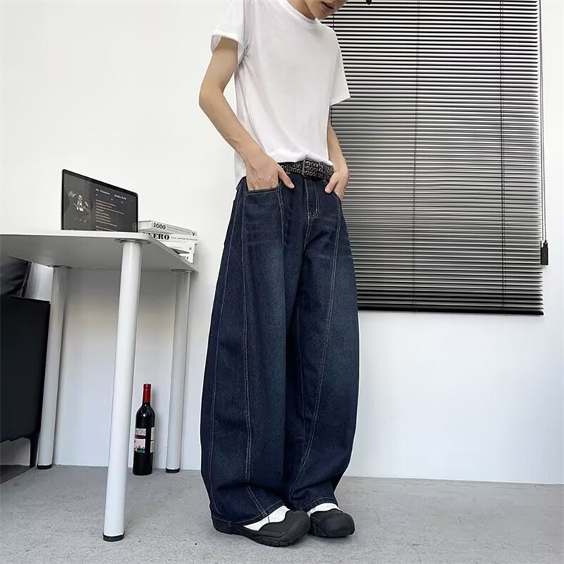美式复古字母刺绣弯刀牛仔裤男女款夏季宽松休闲潮牌解构阔腿长裤,男装牛仔裤,星座506A