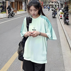 抖音得物品质二开240克宽松纯棉美式潮牌印花三条杠中性风短袖T恤，男装T恤，电商A486