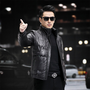 冬季新款海宁羽绒服男牛皮夹克立领时尚男装机车皮衣P880图片