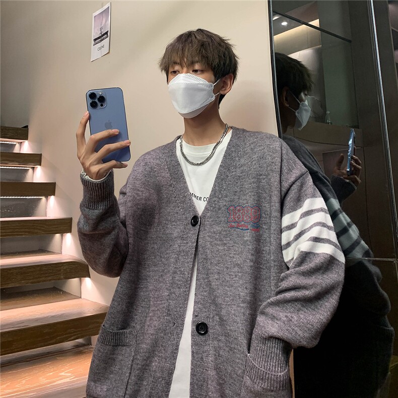 港风秋款字母印花开衫V领四条杠毛衣M351P65控88,男装针织衫/毛衣,电商A247