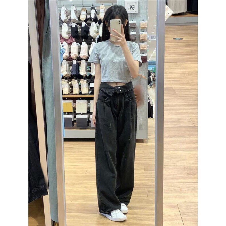 水洗黑复古阔腿牛仔裤女夏季新款显瘦宽松直筒高腰拖地裤子ins潮,男装牛仔裤,星座506A
