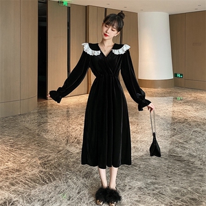 法式初恋心机小黑裙赫本风长裙子复古仙礼服金丝绒连衣裙