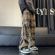复古格子裤秋季褶皱伞兵休闲裤直筒拖地裤A486特P45控68，男装休闲裤，电商A309