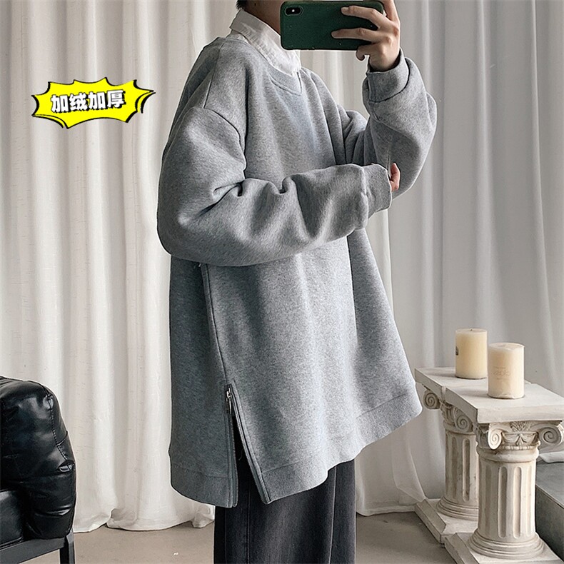 2021冬季新短句港风大码男女拉链圆领套头加绒加厚卫衣W5203-P45图片