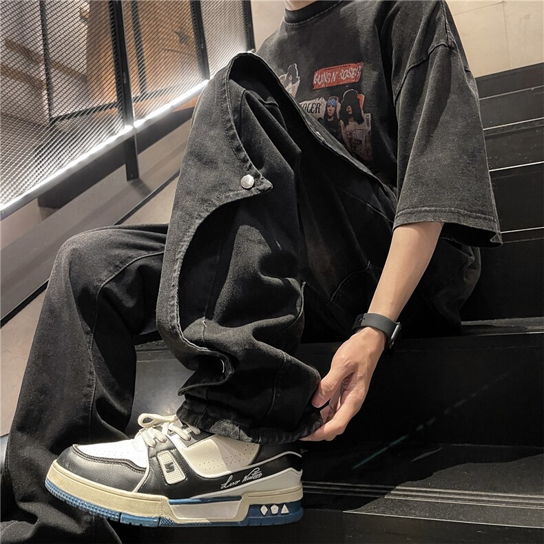 美式高街六角扣牛仔裤水洗拼接宽松直筒小众长裤A061-EX1203-P70,男装牛仔裤,电商A061