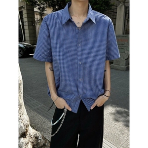 复古宽松蓝色格子短袖衬衫男女夏季休闲百搭格纹衬衣外套 C217图片