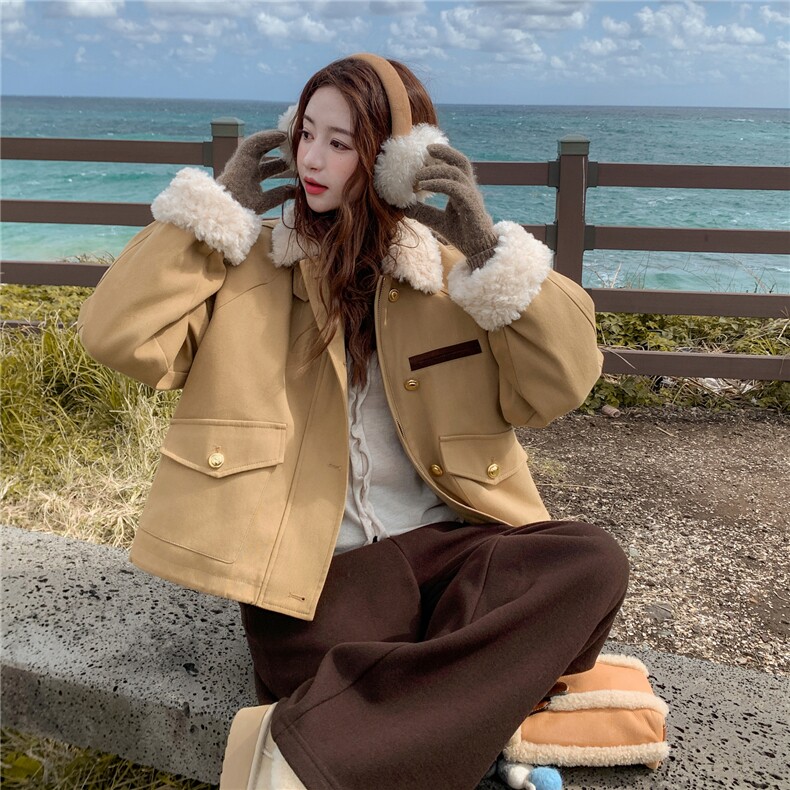 卡其色羊羔毛领拼接短款派克羽绒服女2025冬季小个子加厚保暖外套，女装羽绒服，慧尚2-185