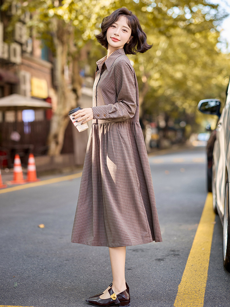格纹衬衫连衣裙女2025春季新款宽松显瘦气质名媛收腰长裙,商品下架区,水衣源
