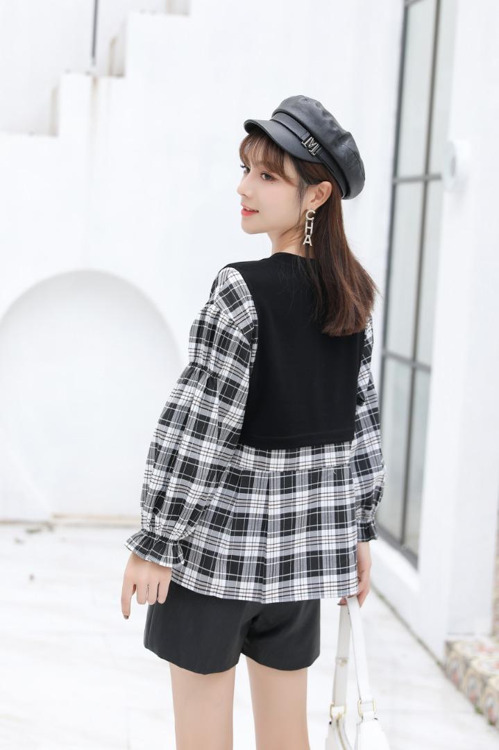 休闲格子平针织小衫,女装其它,美依菱