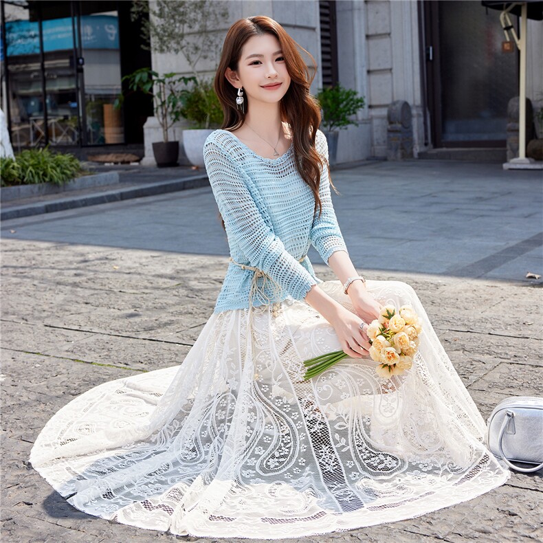 现货2026新款女夏装时尚气质优雅潮流针织毛衣蕾丝半身裙两件套,女装套装/套裙,艾贝斯