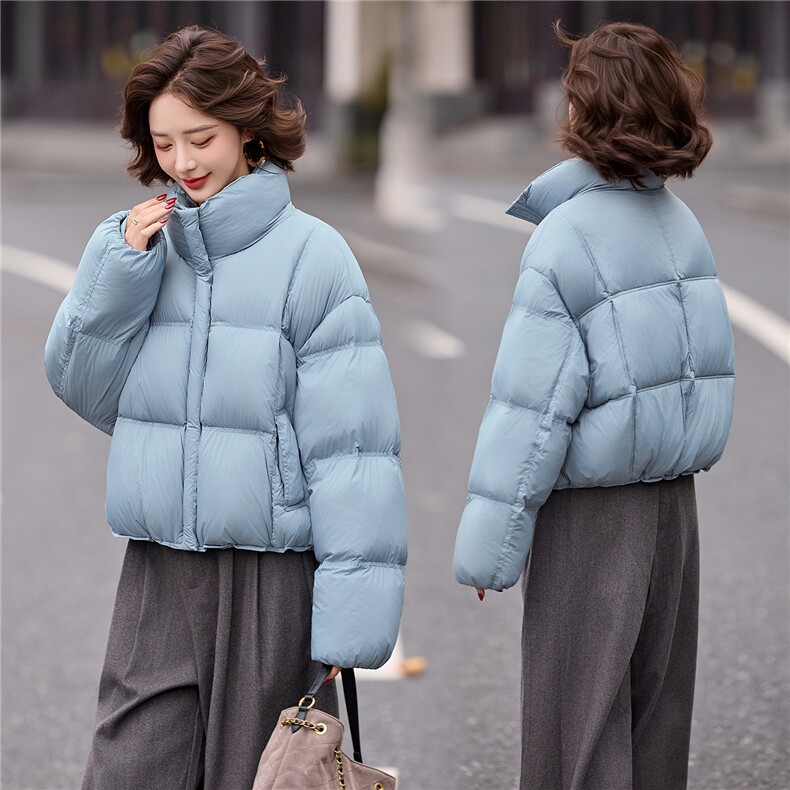 短款羽绒服女2025冬季新款时尚立领落肩袖小个子休闲白鸭绒外套,女装羽绒服,冬木谷雨