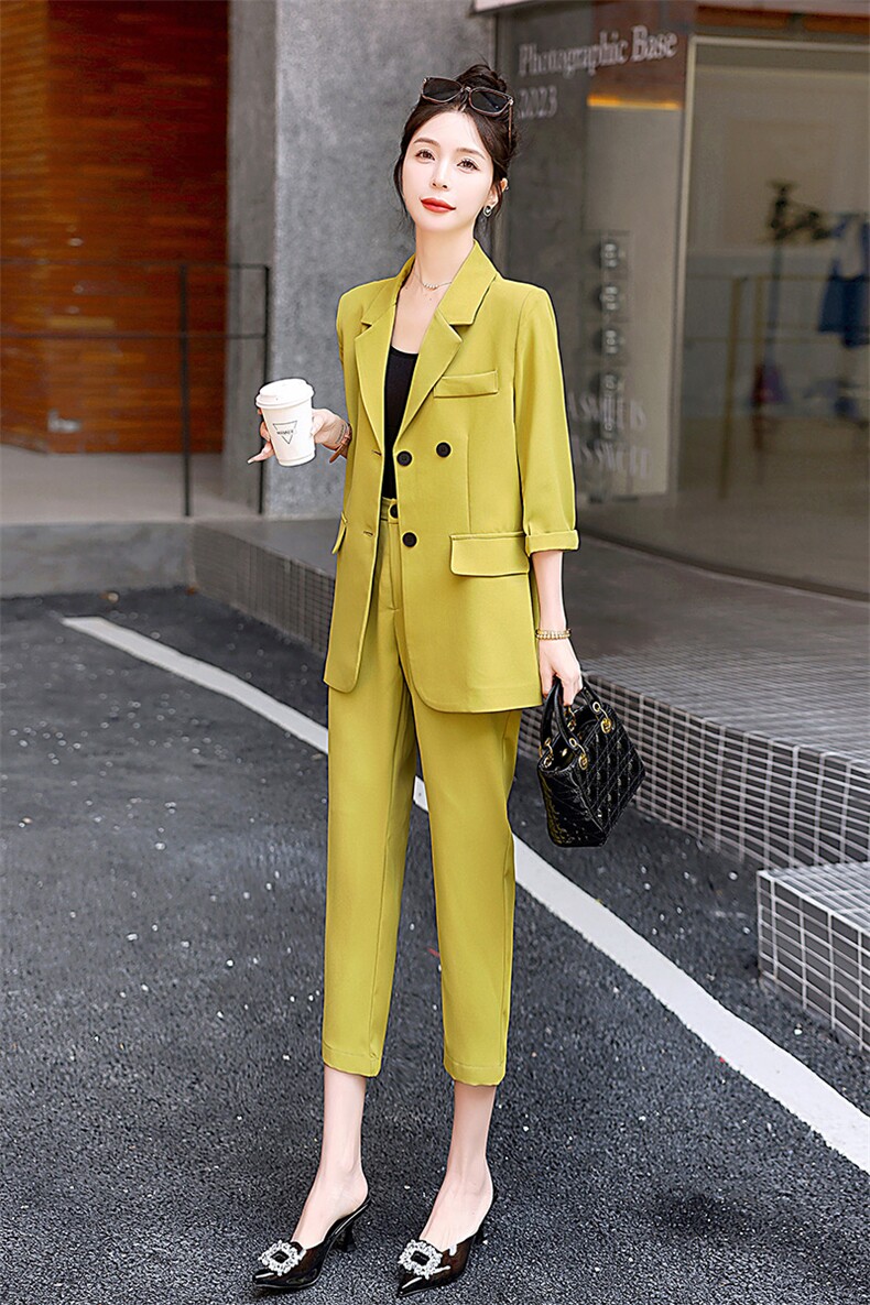 2023春秋夏季新款简约时尚休闲气质西装翻领舒适两件套裤,女装套装/套裙,贵人树