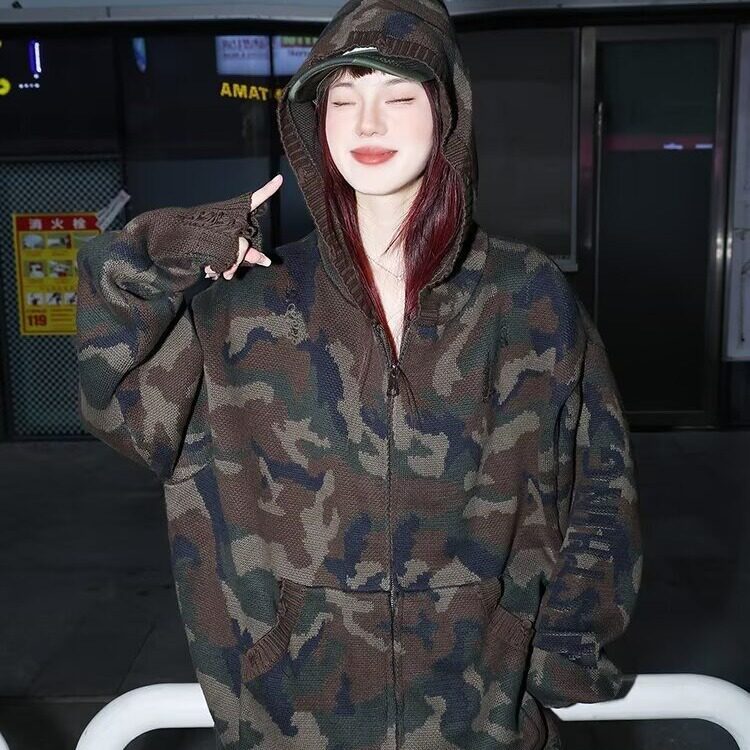重磅连帽迷彩卫衣外套女春秋2025新款开春设计感拉链开衫WY8204,女装短外套,星座516A