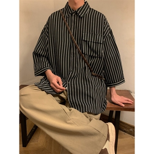 C2037/P35条纹工装短袖衬衣男士衬衫五分袖潮大码上衣男图片