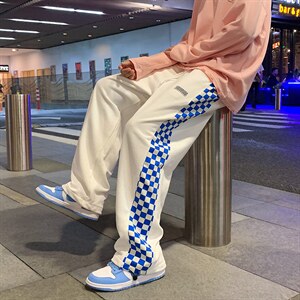 港风阔腿裤2023春季新款拼接格子男潮流宽松ins帅休闲裤K2071-P30，男装休闲裤，星座512-2