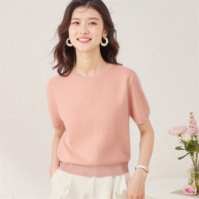 2025年春季时尚潮流圆领套头羊毛拉毛短袖,女装羊毛衫,雅之冉羊绒