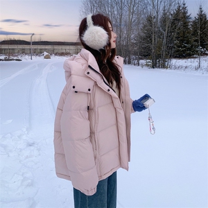 韩系粉色连帽羽绒服女冬超火好看高级小众漂亮加厚短款面包服外套图片