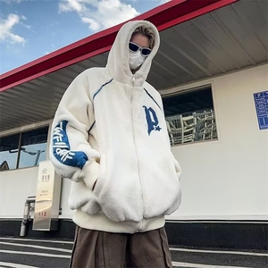 羊羔绒外套男秋冬季加绒保暖连帽棉衣青少年潮牌刺绣夹克冬装上衣图片