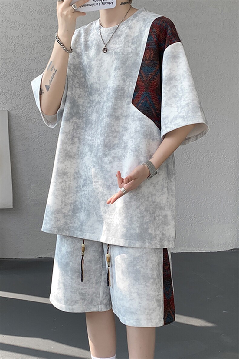 8XL-M民族风潮拼接休闲运动套装男夏季学生短袖短裤TZ38001P60,男装休闲套装,电商B312
