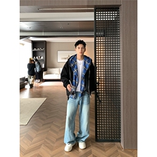美式潮牌假两件蓝色格子连帽卫衣秋冬复古重磅外套男WB931-P59，女装短外套，星座208-5