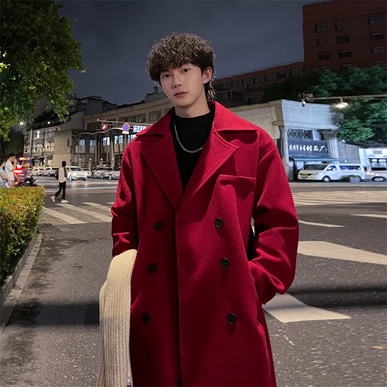 外景秋冬宽松中长款毛呢大衣男厚款慵懒百搭风衣外套MN9538/P100，男装风衣，电商B316