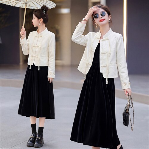 现货新款春秋装复古新中式盘扣外套连衣裙女装气质可组合套装裙，女装套装/套裙，韩美纤衣