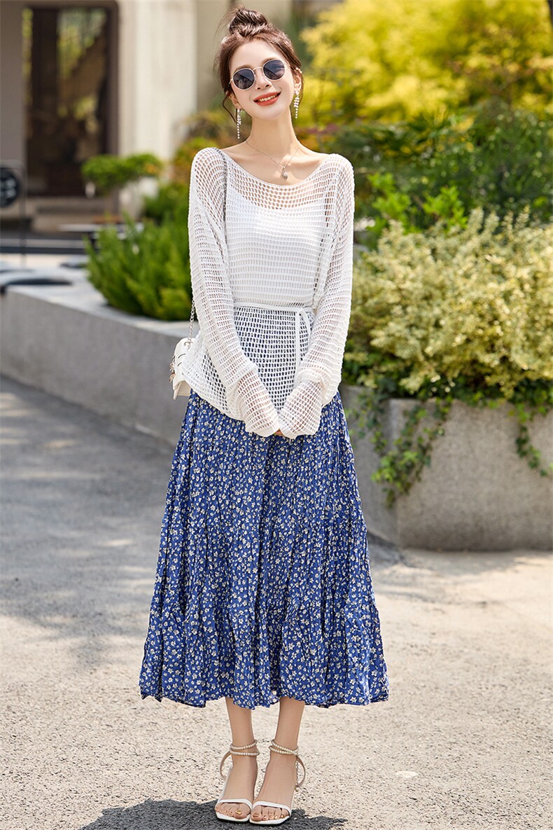 套装连衣裙女2025夏季新款镂空长袖针织衫上衣碎花半身裙时尚套装,女装套装/套裙,魅丽静蓝