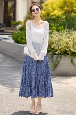 套装连衣裙女2025夏季新款镂空长袖针织衫上衣碎花半身裙时尚套装，女装套装/套裙，魅丽静蓝