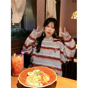 原创美式复古多巴胺撞色针织衫男女宽松休闲慵懒风套头毛衣MYF125图片