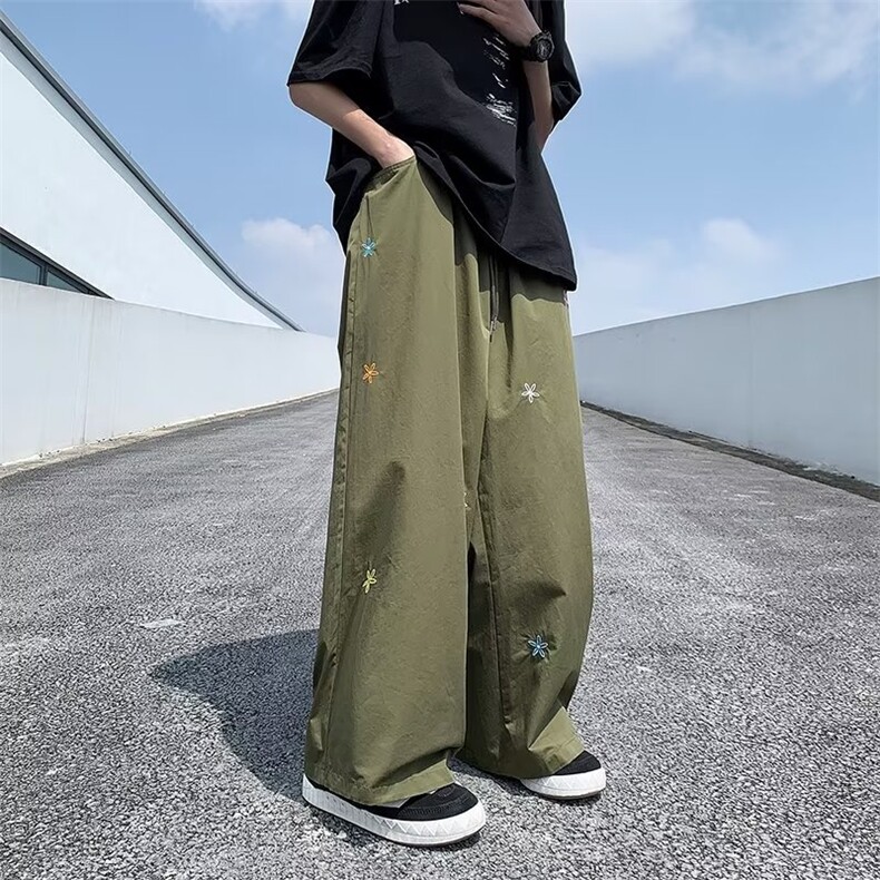 刺绣小花阔腿裤男韩版潮流高街帅气2024夏季新款ins长裤K3924-P39,男装休闲裤,星座412-3