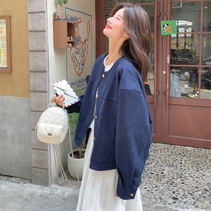 韩系休闲时尚圆领夹克外套女2025秋新款小个子设计感宽松减龄上衣图片