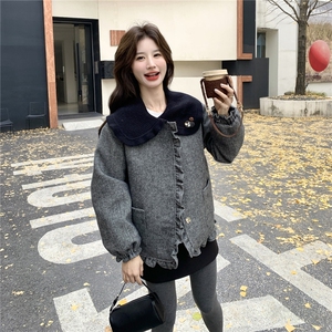 韩版学院风娃娃领毛呢白鸭绒外套女短款灰色气质减龄小个子羽绒服图片