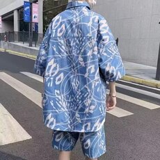 衬衣两件花衬衫短裤套装男士宽松复古着满印衬衫海边沙滩短袖，男装衬衫，星座1210-1