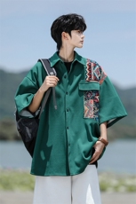 8XL-M民族风拼接短袖衬衫男夏季痞帅半袖衬衣薄款外套DC28009P45，男装衬衫，电商B312