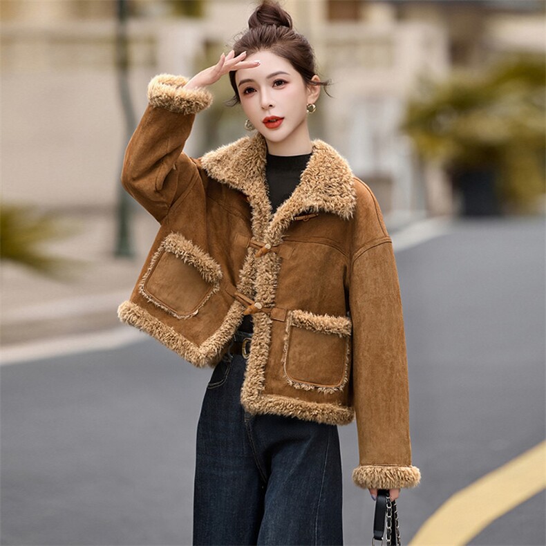 【大货已出】皮毛一体外套女短款冬季小个子羊羔毛仿鹿皮绒加厚,女装羊羔毛/颗粒绒,韩蔻秀