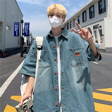 夏季短袖牛仔衬衫男ins潮牌港风日系小众设计感休闲宽松半袖，男装衬衫，星座716-3