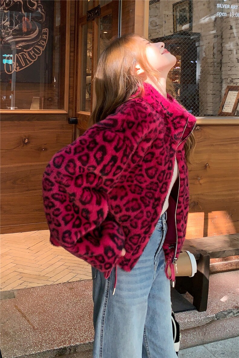 红色复古个性立领豹纹开衫外套女2025秋季新款宽松撞色长袖上衣,女装短外套,2C353