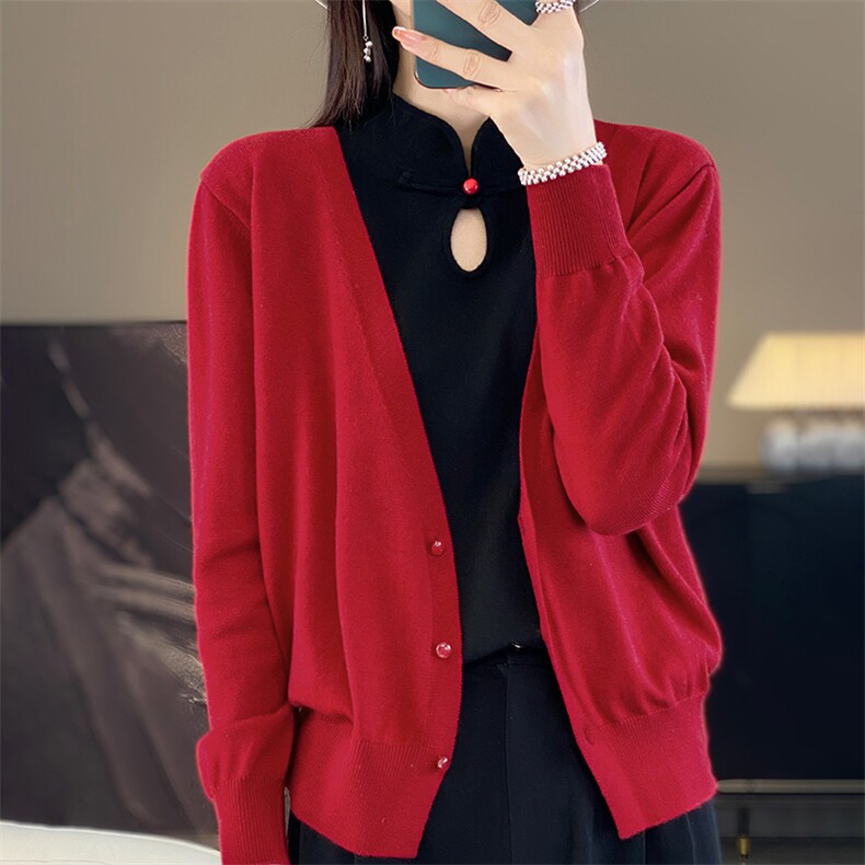 春秋旗袍领假两件精纺羊毛开衫女宽松百搭休闲纯色外搭外套上衣潮，女装羊毛衫，朝贺羊绒