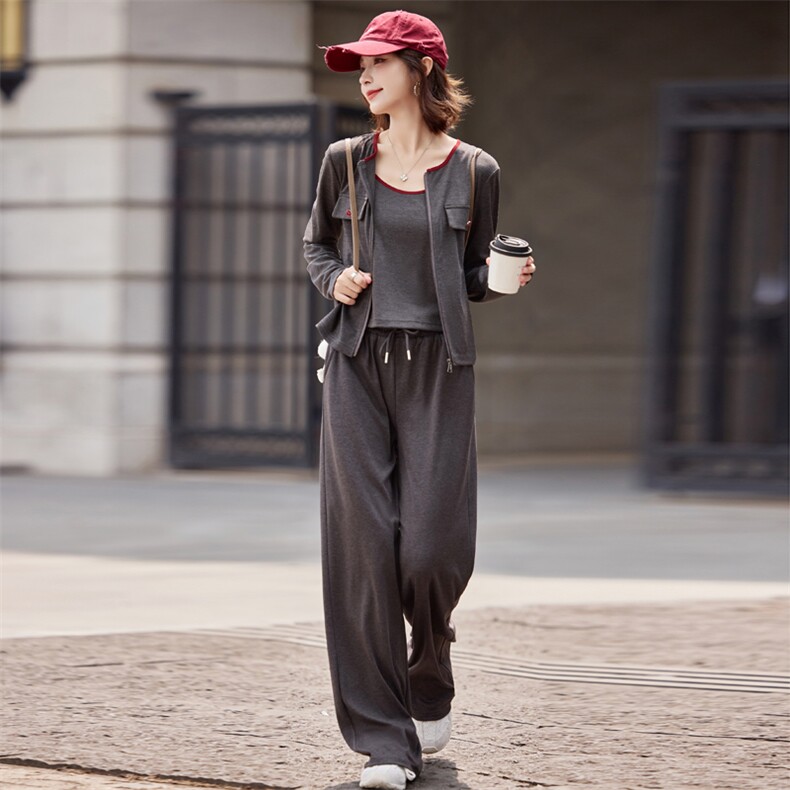 2024秋款新款撞色打底背心拉链开衫外套高腰休闲裤三件套套装，女装套装/套裙，瑶迪