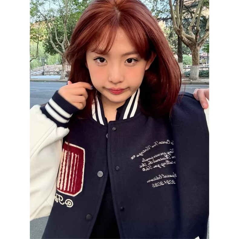 1506-1/JA2201/P64徽章拼接撞色棒球服外套男女冬季重磅宽松夹克图片
