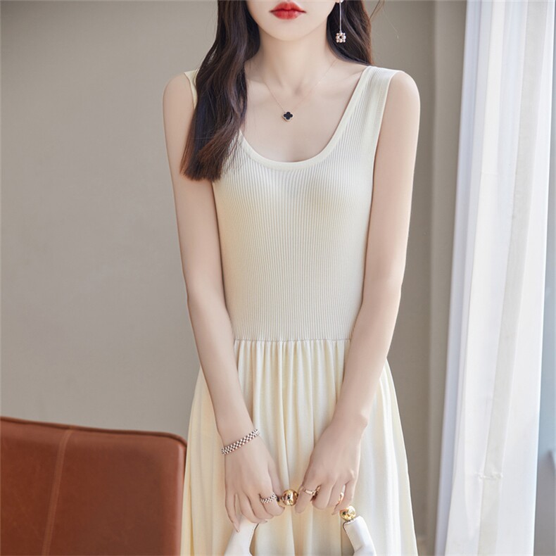 高级感冰丝针织吊带裙女夏新款长款收腰内搭无袖显瘦打底连衣裙子，女装连衣裙，暖姿羊绒