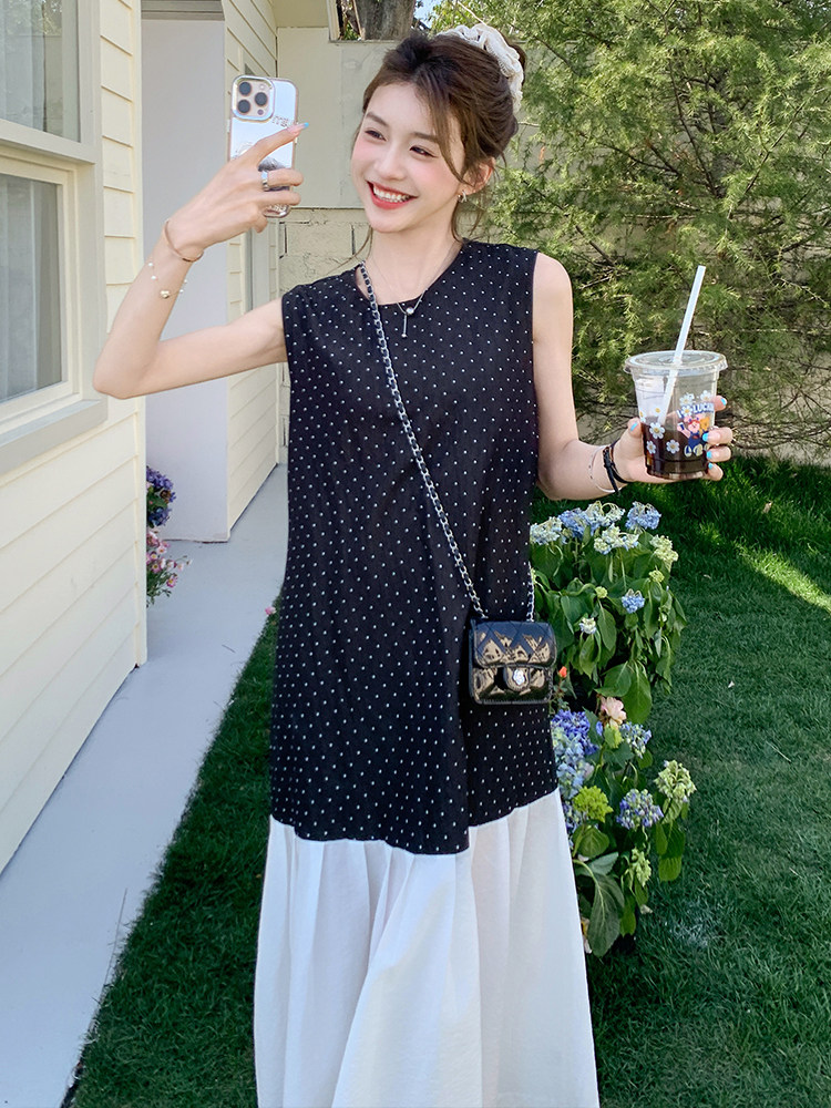 2025新款韩系甜美无袖波点连衣裙子女夏季设计感撞色拼接背心长裙,女装连衣裙,流量+