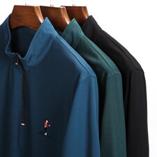 2023新款中年长袖T恤男春秋季纯色刺绣立领休闲宽松POLO衫上衣服，男装T恤，电商B212（原钱塘6029）