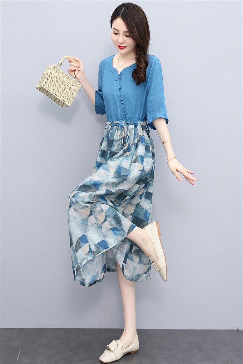 棉麻连衣裙女夏季2022新款宽松中年妈妈夏天薄款印花苎麻长裙现货,女装连衣裙,一安秀