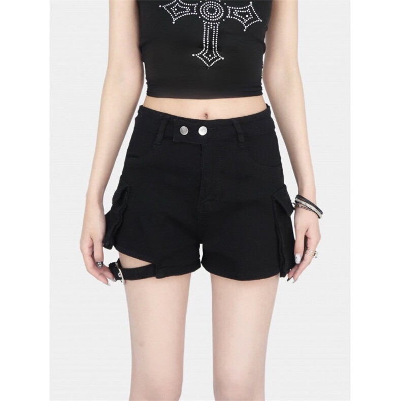 7912-P45美式辣妹设计感黑色牛仔短裤夏季高腰显瘦热裤裤子，女装休闲裤，电商A306A